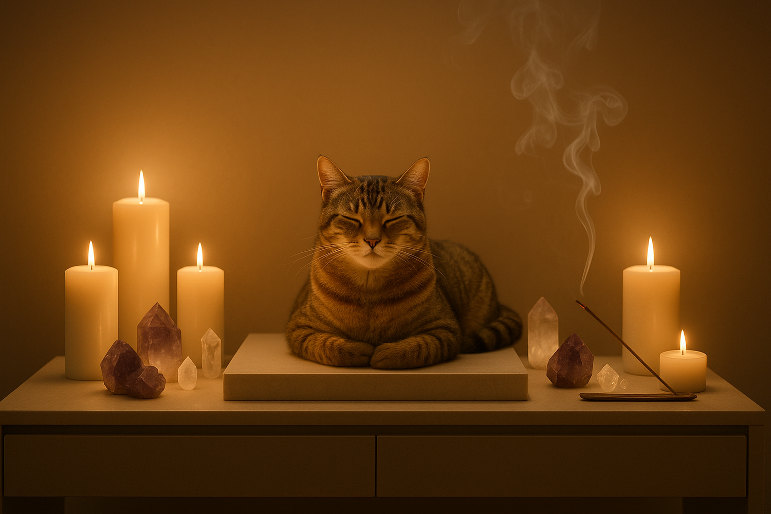 Un gato o perro acostado sobre un altar minimalista
– Con velas, cristales, humo de incienso o luz cálida tenue.
– Que parezca un santuario sagrado pero moderno.